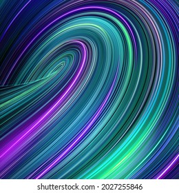 3d render, abstract background with violet blue green neon rays and glowing lines. Loop macro wallpaper. Speed of light, macro vortex in ultra violet spectrum