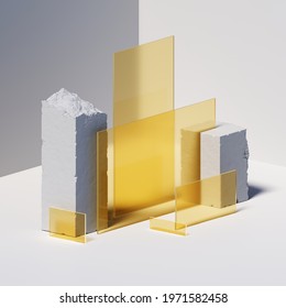 3d Render, Abstract Background With White Concrete Broken Stone Blocks And Yellow Square Glass Pieces. Modern Minimal Showcase Scene For Product Presentation