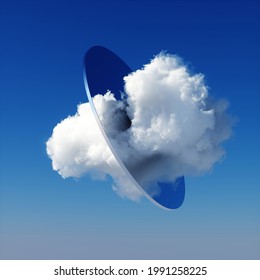 3d Render, Abstract Background With White Cloud Going Through The Round Mirror