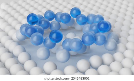 3d render, abstract background of white and blue balls. Close-up of microscopic spherical particles, irregular atomic structure. Visual metaphor of deviation and anomaly