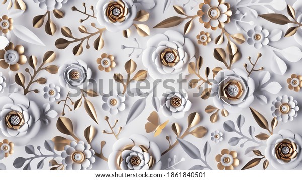 3d render, abstract background with white paper flowers and golden leaves, floral botanical wallpaper
