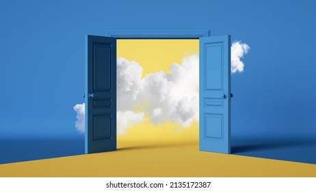 3d Render, Abstract Background With Wide Open Blue Double Doors, Yellow Light And White Clouds. Modern Minimal Scene