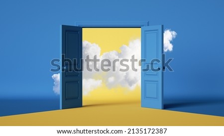 3d render, abstract background with wide open blue double doors, yellow light and white clouds. Modern minimal scene