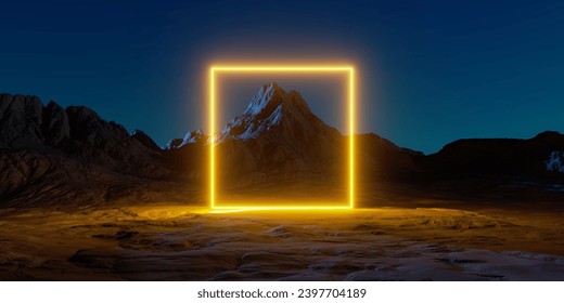 3d render. Abstract background. Yellow neon square glowing over the futuristic landscape. Rocky mountain under the night sky. Fantastic extraterrestrial scenery. Virtual reality environment