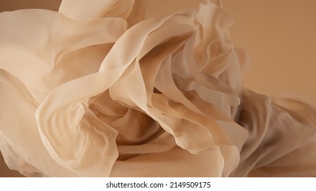 3d Render, Abstract Beige Background With Delicate Vintage Waving Veil, Floating Drapery, Crumpled Silky Textile, Wavy Fashion Wallpaper With Cloth Macro