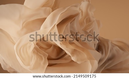 3d render, abstract beige background with delicate vintage waving veil, floating drapery, crumpled silky textile, wavy fashion wallpaper with cloth macro