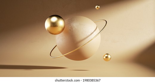 3d render, abstract beige futuristic background with levitating golden balls. Clean style modern minimal concept with levitating objects. Flying sphere with golden ring - saturn metaphor