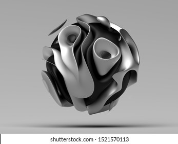 3d render with abstract biological organic nature ball based on small organic pieces in curve lines in black and white matte aluminium metal material on light gray background