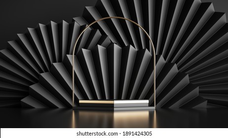 3d render abstract black background, art deco showcase. Minimal scene for product presentation with empty stage podium, vacant pedestal and round arch. Shop display stand.