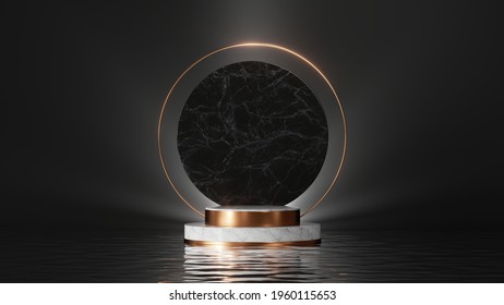 3d render, abstract black background. Modern minimal showcase for product presentation, simple art deco scene with empty white marble stage, shiny golden round frame and reflections in the water