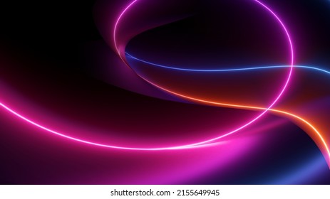 3d render, abstract black background with pink blue neon lines glowing in ultraviolet spectrum, modern wallpaper with light strings