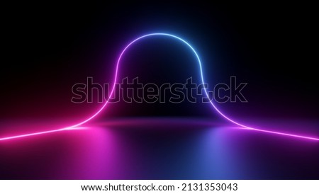 3d render, abstract black background with pink blue neon wavy line glowing in ultraviolet spectrum, round arch