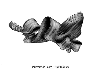 3d Render, Abstract Black Brush Stroke, Creative Ink Smear, Folded Ribbon, Design Element Isolated On White Background