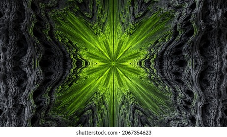 3d Render, Abstract Black Fractal Background Illuminated With Green Neon Light, Microbiological Organic Shapes, Symmetrical Mandala Pattern, Quantum World Wallpaper