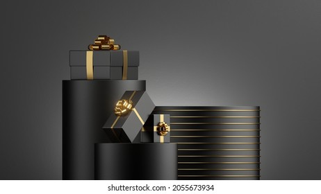 3d render, abstract black friday background. Empty podium with pile of wrapped gift boxes. Blank showcase scene for product presentation