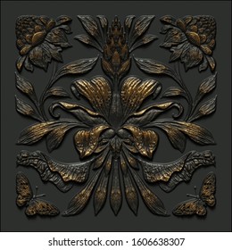 3d Render, Abstract Black Gold Vintage Floral Background Embossed, Medieval Botanical Pattern, Forged Metallic Tile, Ancient Ironwork, Tropical Flowers And Leaves Motif, Decorative Classic Ornament