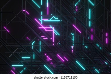 3d Render Abstract Black Lines With Colorful Neon Light Streaks. Digital Technology Background Pattern.