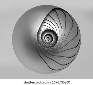 3d render abstract black   white art surreal monochrome metal 3d mechanical industrial cyber ball in spiral twisted structure in matte aluminium metal material grey background