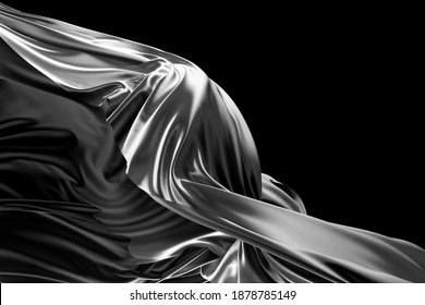 3d render abstract black   white monochrome art 3d background and part silky textile drapery in curve wavy lines and lot wrinkles in matte liquid aluminium metal material