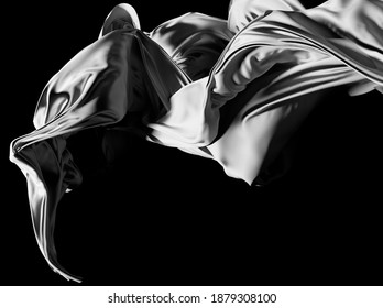 3d render abstract black   white monochrome art 3d background and part silky textile drapery in curve wavy lines and lot wrinkles in matte liquid aluminium metal material
