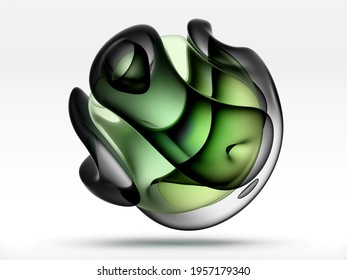 3d Render Of Abstract Black And White Monochrome Art With Surreal Sculpture In Organic Curve Round Wavy Smooth Spherical Biological Lines Forms In Dark Matte Green Glass Material On Grey Background