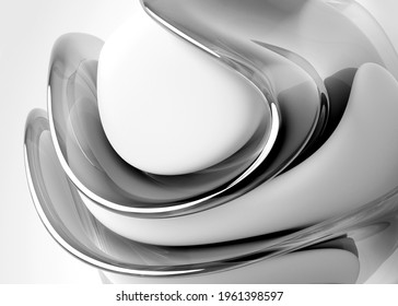3d render abstract black   white art and part surreal 3d organic ball sculpture in curve wavy smooth   soft bio forms in glossy silver glass material and white matte plastic parts