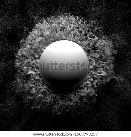 3d render of abstract black and white composition with big white ball in the center with explosion effect on the back based on small particles in small white balls on black background