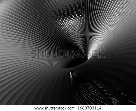 3d render of abstract black and white art of surreal 3d background with part of turbine jet engine with sharp blades in matte metal material or funnel in spiral pattern with black hole in the centre 