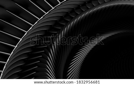 3d render of abstract black and white art of surreal 3d background with part of turbine jet engine with sharp blades in matte metal material in spiral pattern with in the dark
