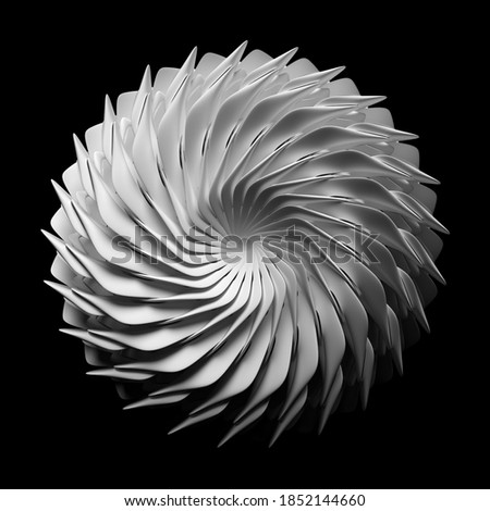 3d render of abstract black and white monochrome art with surreal 3d machinery industrial turbine aircraft jet engine or flower in spiral twisted shape with sharp fractal blades on black background