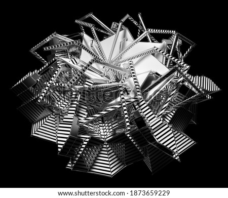 3d render of abstract black and white monochrome art with surreal cubical fractal symmetry sun flower symbol with metal wire fractal
structure and light aluminium elements on isolated black background