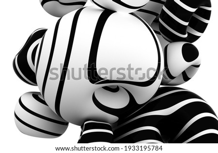 3d render of abstract black and white art composition with flying surreal donuts balls balloons or bubbles in round soft forms in white matte plastic with black parallel lines or stripes on surface 