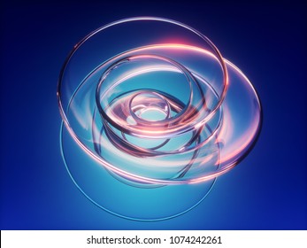 3d Render, Abstract Blue Background, Twisted Glass Shape, Loop, Helix, Vortex, Highlight Reflection, Isolated Design Element