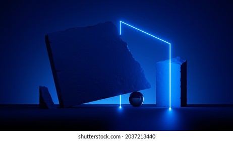 3d Render, Abstract Blue Background With Neon Glowing Line.  Futuristic Scene For Product Presentation. Cobblestone Ruins Illuminated With Ultraviolet Light