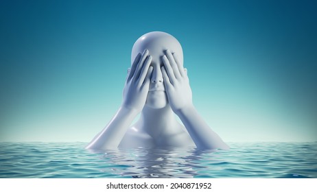 3d render, abstract blue background with white mannequin bust in the water. Woman head with eyes closed with hands. Blindness concept, ignorance metaphor