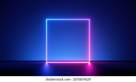 3d Render, Abstract Blue Background With Glowing Neon Square, Blank Rectangular Frame. Simple Geometric Shape. Laser Line With Pink Blue Gradient Light