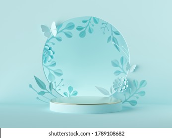 3d render, abstract blue botanical background. Blank poster mockup. Round frame with craft paper flowers, floral arch. Shop product display showcase stand, empty podium, vacant pedestal, round stage