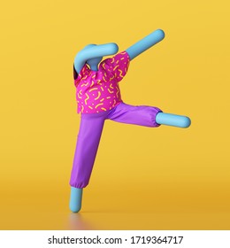 3d render, abstract blue cartoon character wearing colorful summer clothes isolated on yellow background. Person active pose. Toy without face. Funny dancing dummy doll, modern minimal pop art style