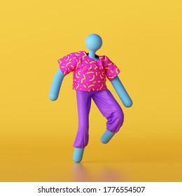 3d render, abstract blue cartoon character wearing colorful summer clothes walks, isolated on yellow background. Funny toy, dancing dummy doll, person without face active pose, modern minimal design