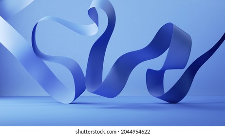 3d render, abstract blue fashion background with folded ribbon, paper scroll macro