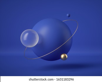 3d Render, Abstract Blue Futuristic Background, Modern Minimal Concept, Clean Style. Floating Balls, Levitating Objects. Flying Sphere. Golden Ring. Premium Design. Equilibrium, Balance Metaphor.