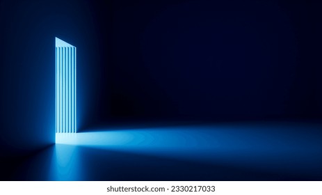 3d render, abstract blue geometric background. Bright light going through the door portal inside the empty dark room