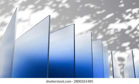 3D render of abstract blue glass panels arranged in rows with natural leaf shadows. Minimalist modern background for architectural and corporate design