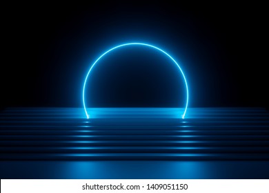 3d Render, Abstract Blue Neon Background, Modern Music Performance Stage, Futuristic Glowing Round Arch Over Stairs, Blank Banner, Ultraviolet Spectrum, Laser Show