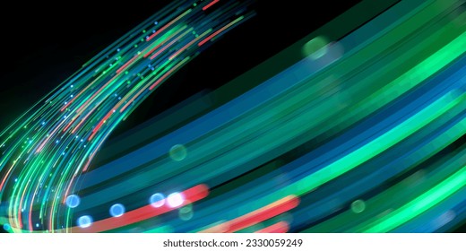 3d render, abstract blue red green neon background with unfocussed glowing lines and bokeh lights. Blurry wallpaper