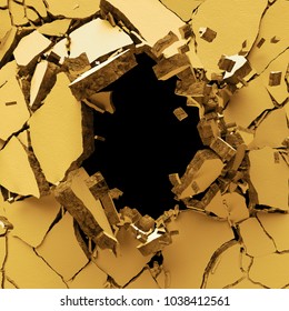 3d Render, Abstract Broken Wall Background, Digital Illustration, Explosion, Cracked Yellow Eggshell, Painted Concrete, Bullet Hole, Destruction