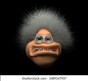 3d Render Of Abstract Cartoon Character Of Old Angry Grandma With White Grey Curly Hairs, With Old Metal Glasses With Big Lenses With Scratches, Big Open Mouth With White Teeth, On Black Background