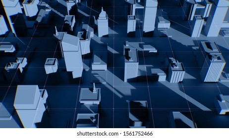 3D Render. Abstract City Background. Aerial Industrial Landscape Of The City. Network Grid Lines Around The Buildings. Camera View From The Top Of The Streets. High Quality Technological Illustration