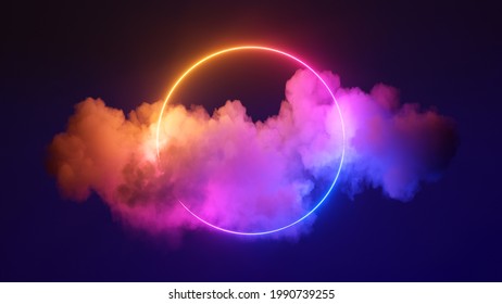 3d Render, Abstract Cloud Illuminated With Neon Light Ring On Dark Night Sky. Glowing Geometric Shape, Round Frame