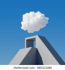 3d Render, Abstract Cloudscape On A Sunny Day, White Cloud Levitates Above The Concrete Stairs, Cumulus On Blue Sky. Modern Minimal Surreal Background, Dream Concept, Challenge Metaphor